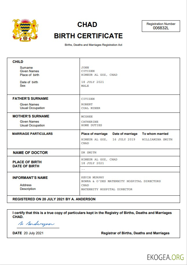 Modèle Word et PDF d'acte de naissance au Tchad